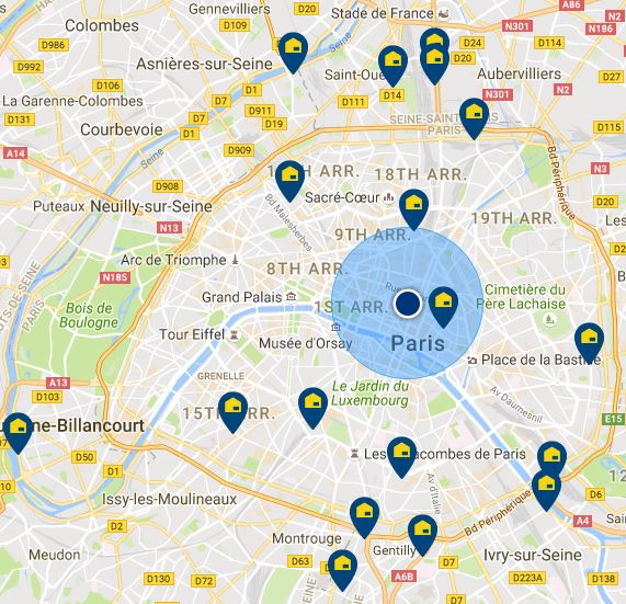 Carte de la France avec des points de localisation Une Pièce en Plus – stockage multi-sites pour les entreprises