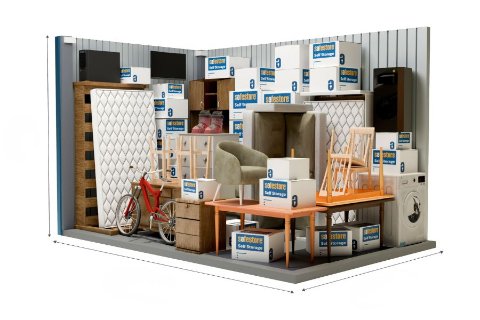 Illustration d'un box de stockage rempli de meubles, cartons et objets du quotidien pour visualiser les tailles disponibles chez Une Pièce en Plus